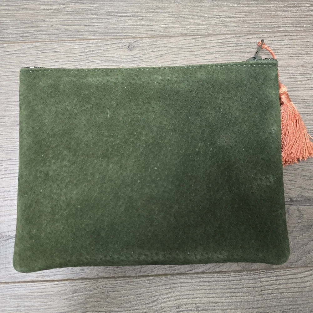 Jeffrey Lawrence Made In Italy Suede Cosmetic Bag Dark Green Travel Vacation